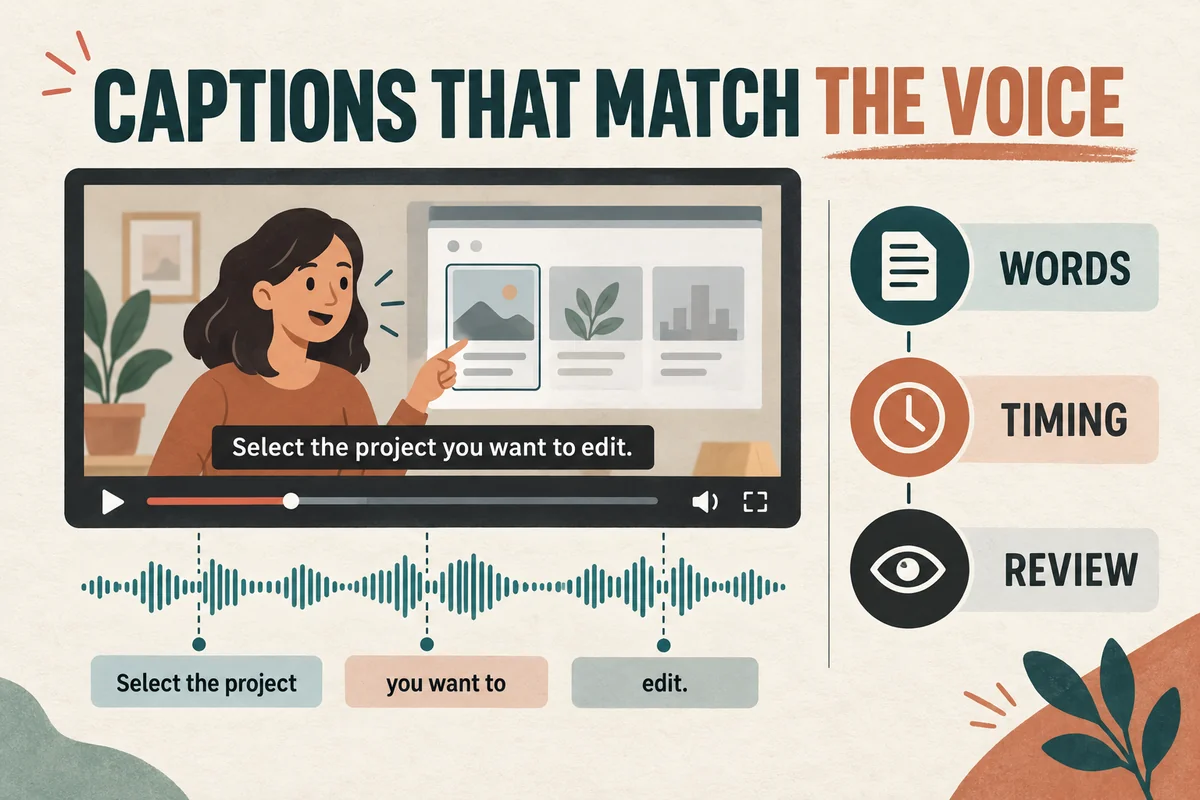 A caption workflow pairs approved narration with accurate text, timing, and a final video review.