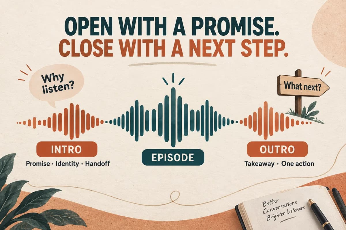 A podcast episode diagram shows an intro promise, the main episode, and an outro with one next step.