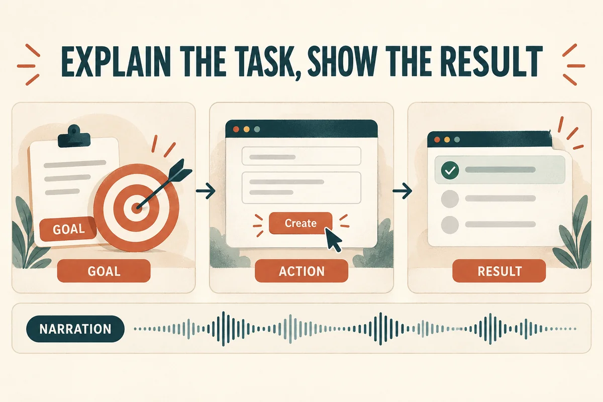 A product demo storyboard connects the viewer's goal, a screen action, and a confirmed result.