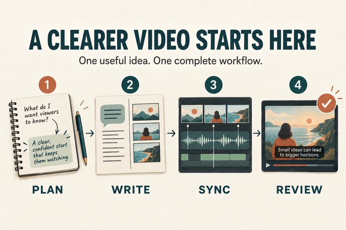 A four-step YouTube narration workflow: plan, write, sync, and review.