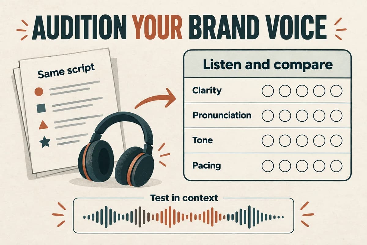 Brand-voice audition scorecard evaluates clarity, pronunciation, tone, and pacing using the same script.