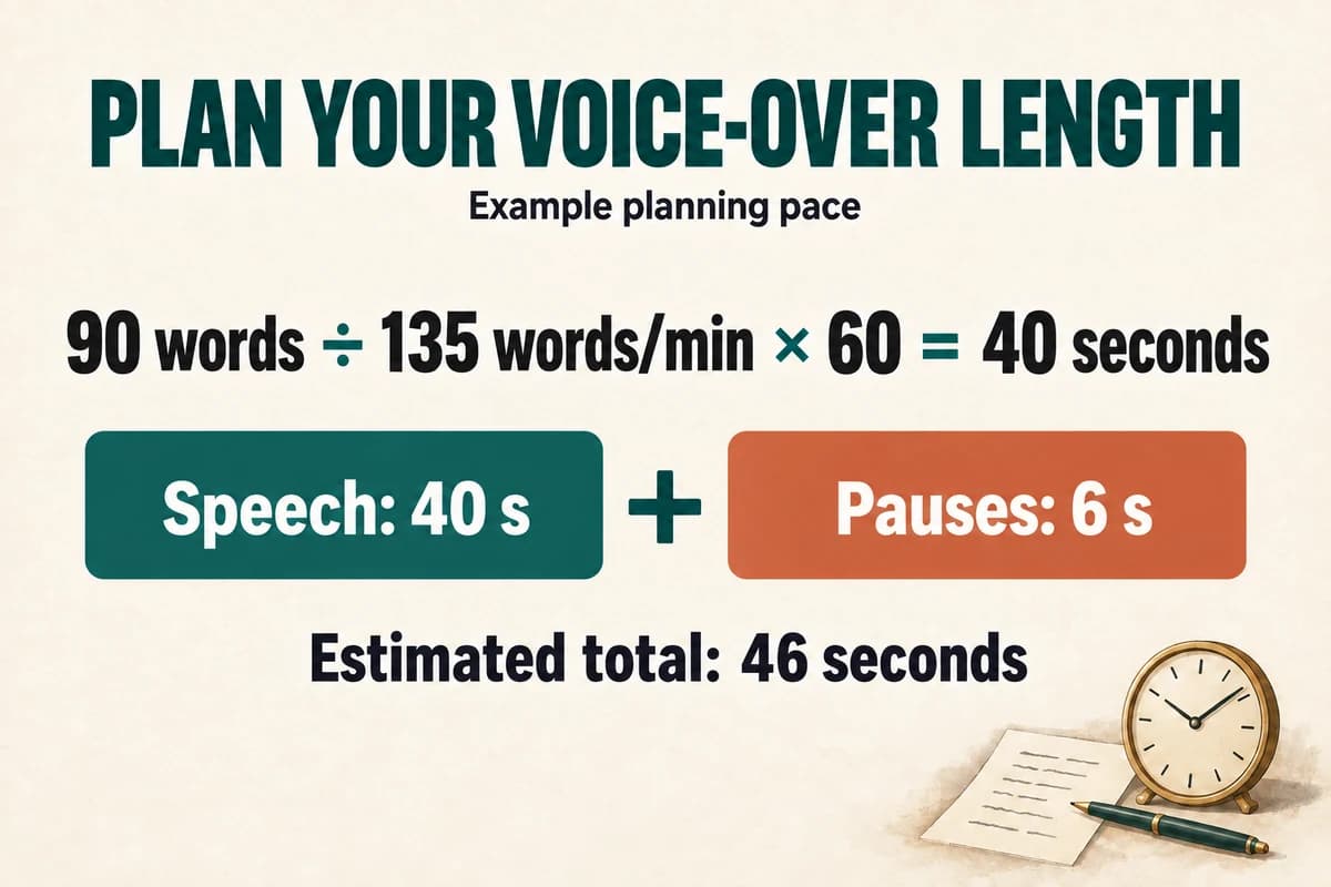Example voice-over timing calculation: 90 words at 135 words per minute takes 40 seconds, plus 6 seconds of pauses.