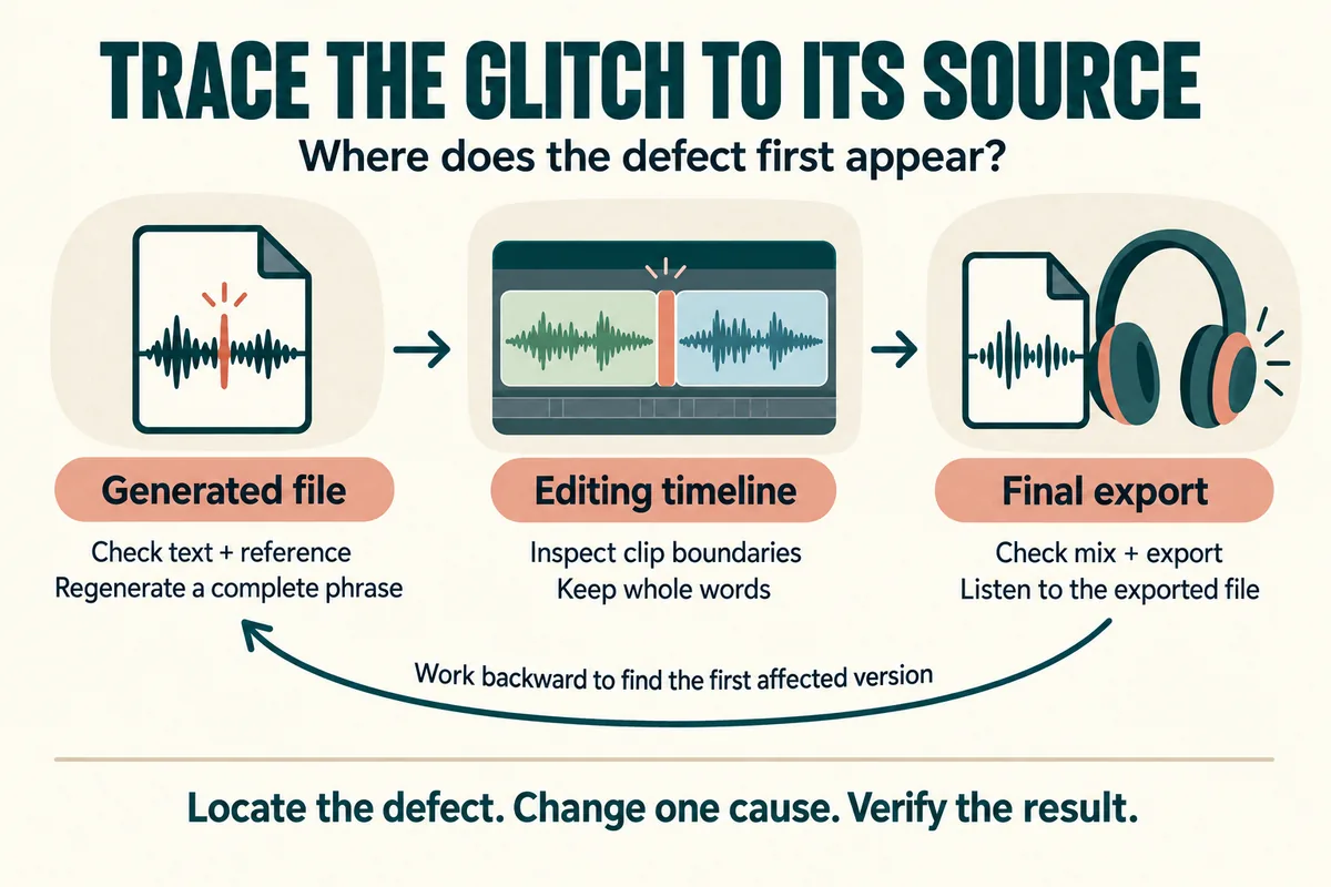 Troubleshooting diagram traces voice artifacts through the generated file, editing timeline, and final export to find the first affected version and verify a focused repair.