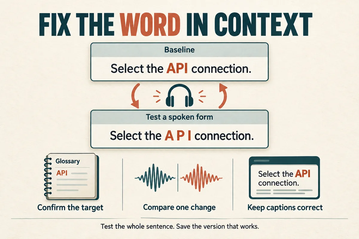 Pronunciation comparison of API and A P I within the same sentence, with steps to confirm the target, test one change, and preserve correct caption spelling.