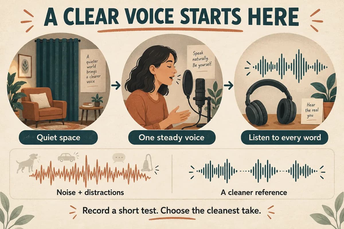 Diagram of a quiet space, one steady speaker, and headphone review for recording a clear voice cloning sample.