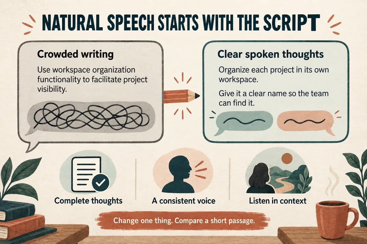 Script editing comparison turns crowded workspace jargon into two clear spoken thoughts, with complete phrasing, a consistent voice, and listening in context.