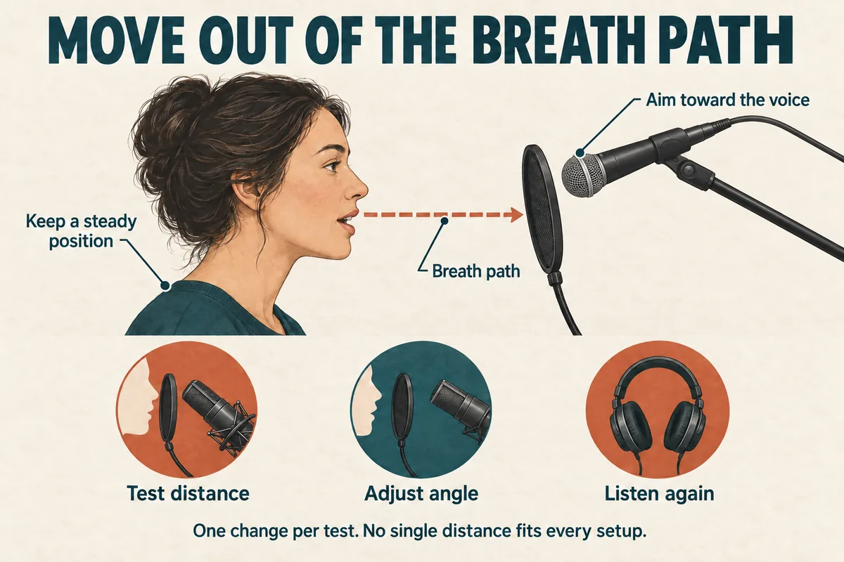Microphone placement diagram showing a microphone above the direct breath path, aimed toward the voice, with distance, angle, and listening checks.