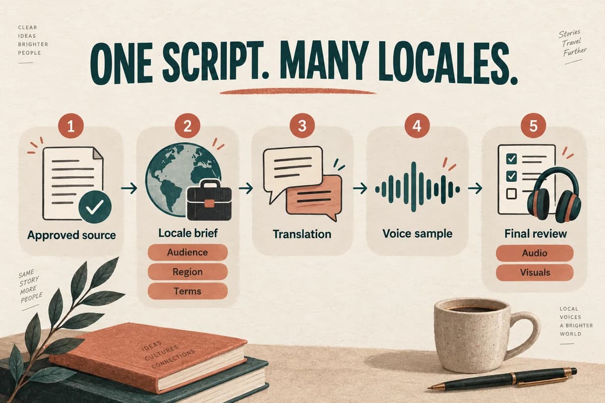 Multilingual narration flow from approved source through locale brief, translation, voice sample, and final review.