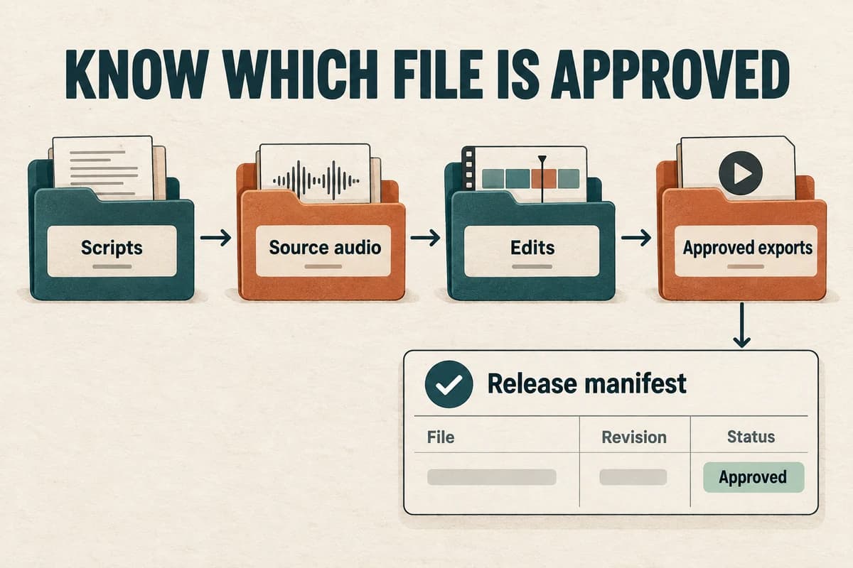 Organized narration workflow keeps scripts, source audio, edits, and approved exports connected to a release manifest.