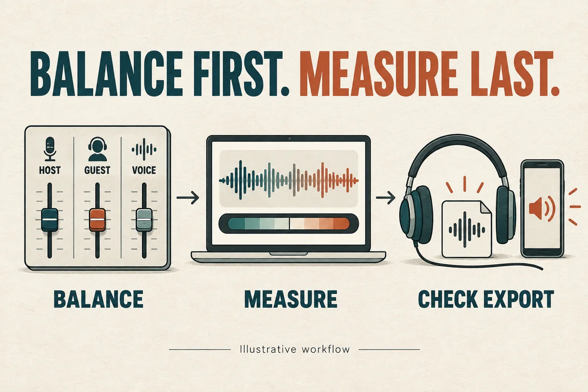 A podcast mixing workflow balances host, guest, and narration before measuring and reviewing the export.