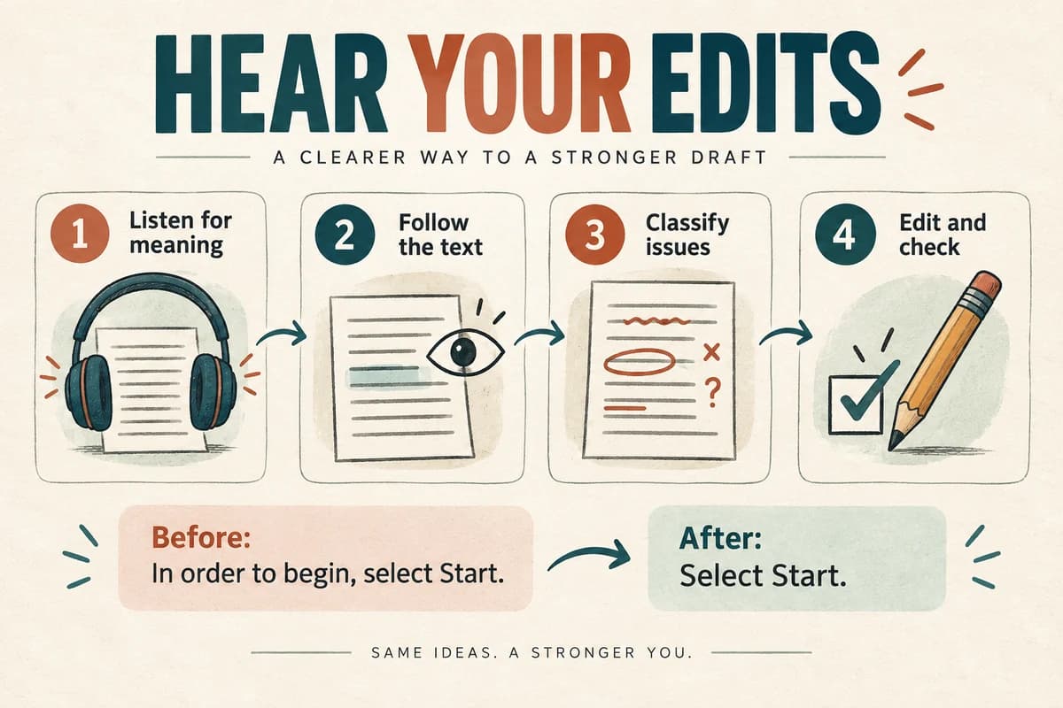 Audio proofreading workflow: listen for meaning, follow the text, classify issues, then edit and check.