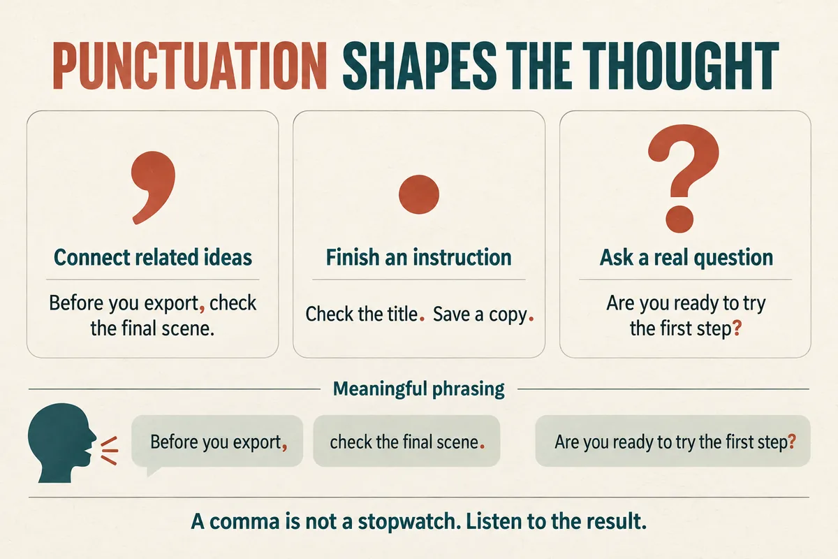 Comma, period, and question-mark examples show how punctuation connects ideas, completes instructions, and forms questions without promising exact pauses.