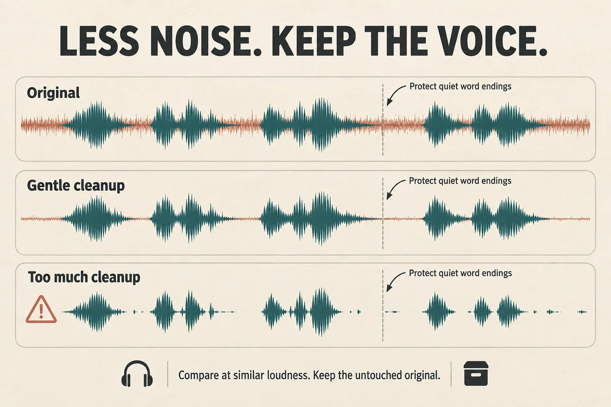 Three illustrative speech waveforms compare the original recording, gentle noise reduction, and excessive cleanup that damages quiet word endings.