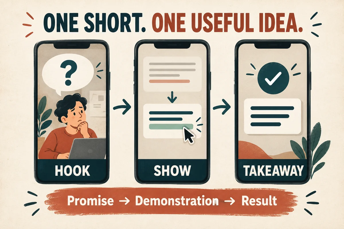 Three connected panels show a short video script moving from a hook to a demonstration and takeaway.