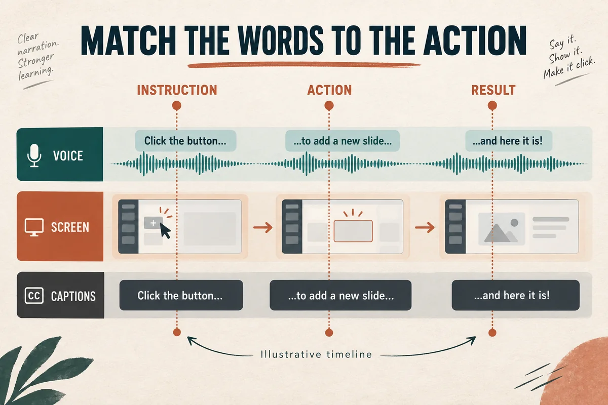 An illustrative video timeline aligns the spoken instruction, screen action, and visible result.