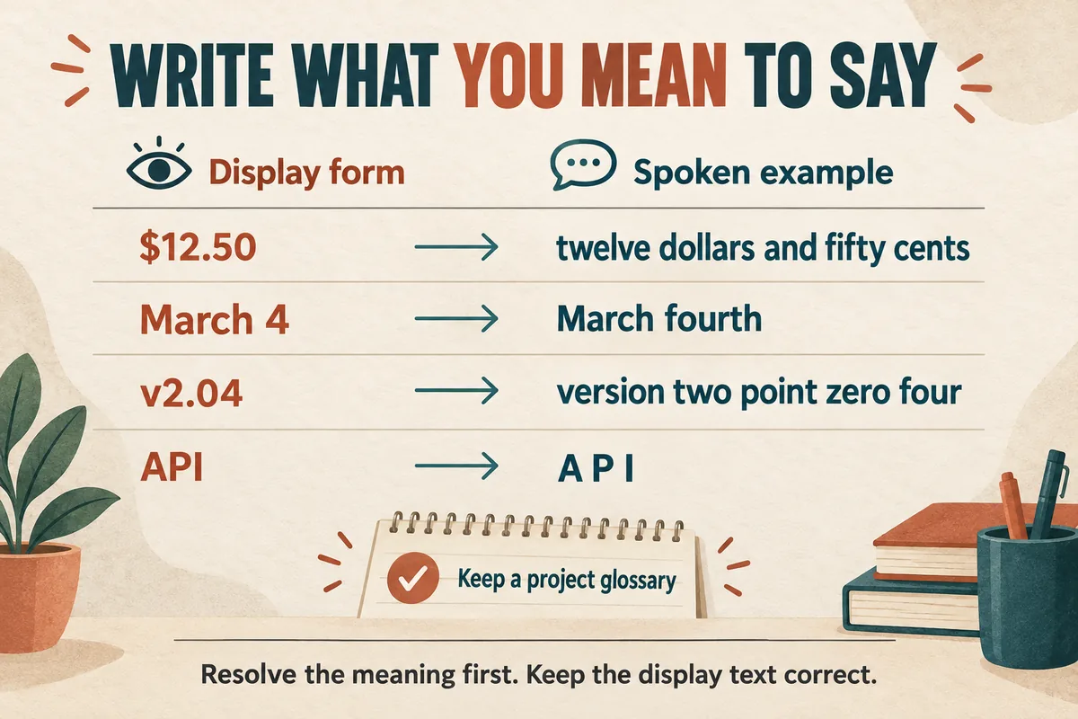 Examples convert a price, date, version number, and acronym from display forms into clear spoken words for text-to-speech narration.