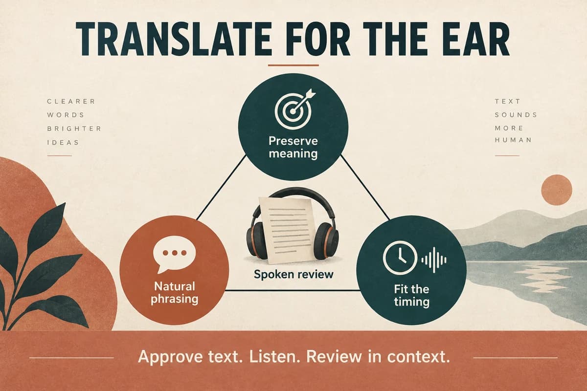 Voice-over translation balances meaning, natural phrasing, and timing, followed by a spoken review.