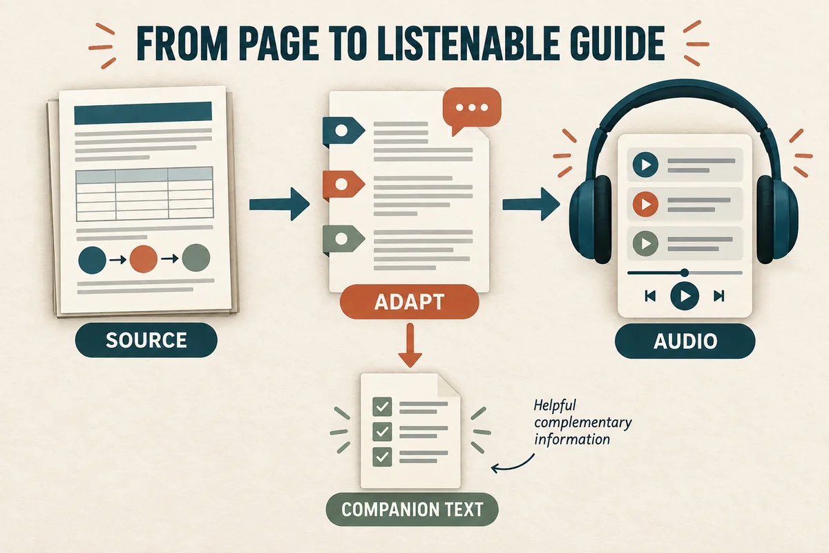 A written guide becomes a spoken sequence with clear signposts and an accompanying text checklist.