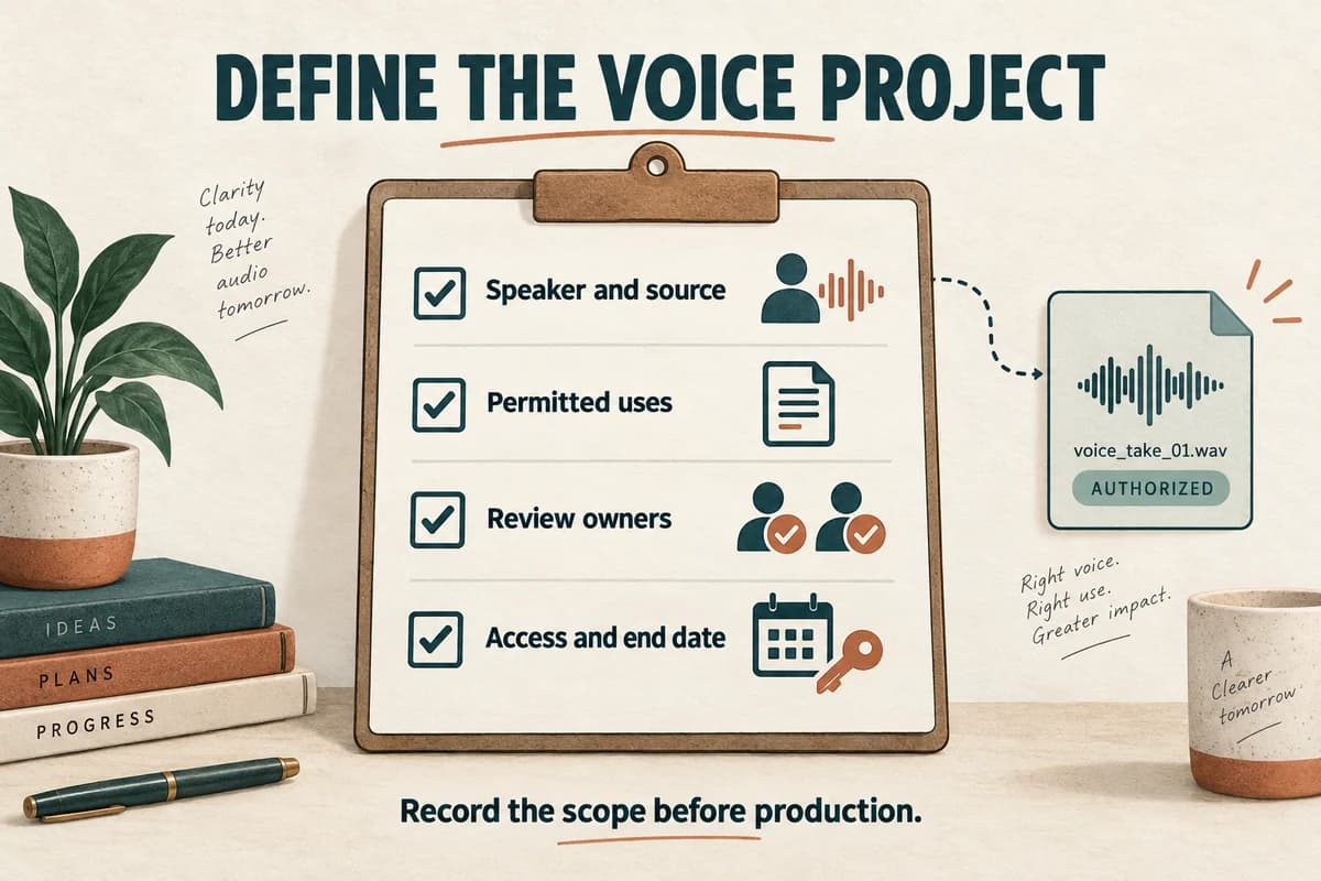Voice-cloning project record covers speaker and source, permitted uses, review owners, and access and end date.