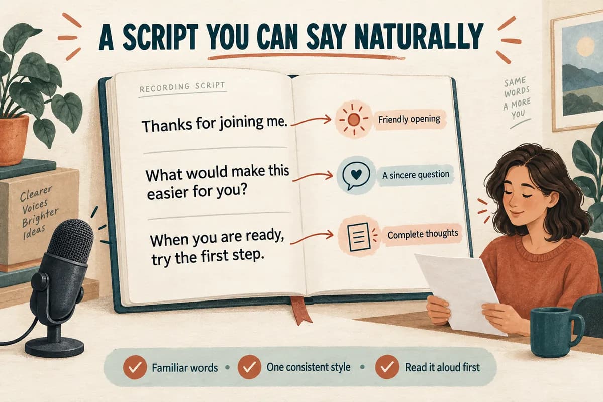Annotated sample script showing a friendly opening, a sincere question, and complete thoughts for a natural voice cloning recording.