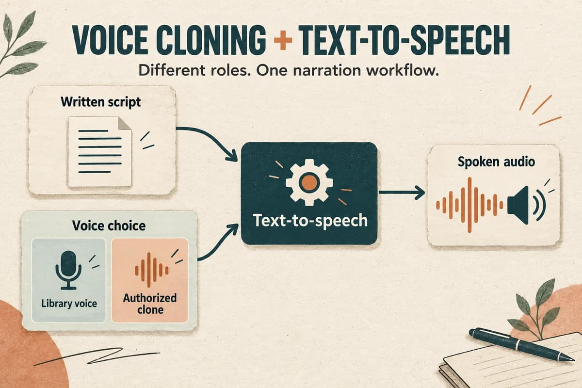 Voice cloning can supply a voice to text-to-speech, while text-to-speech turns a written script into spoken audio.