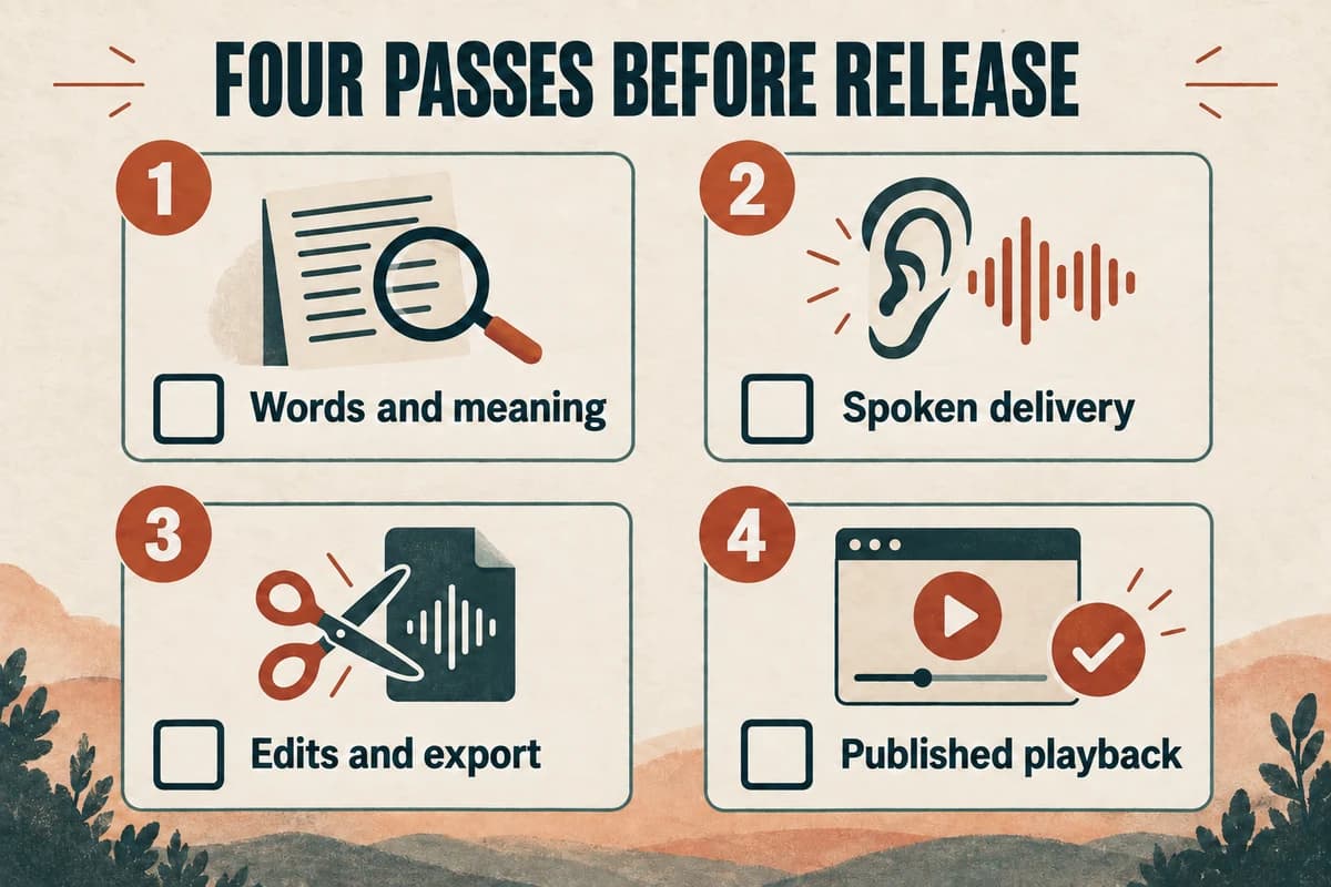 Four voice-over review passes check words and meaning, delivery, edits and export, and published playback.
