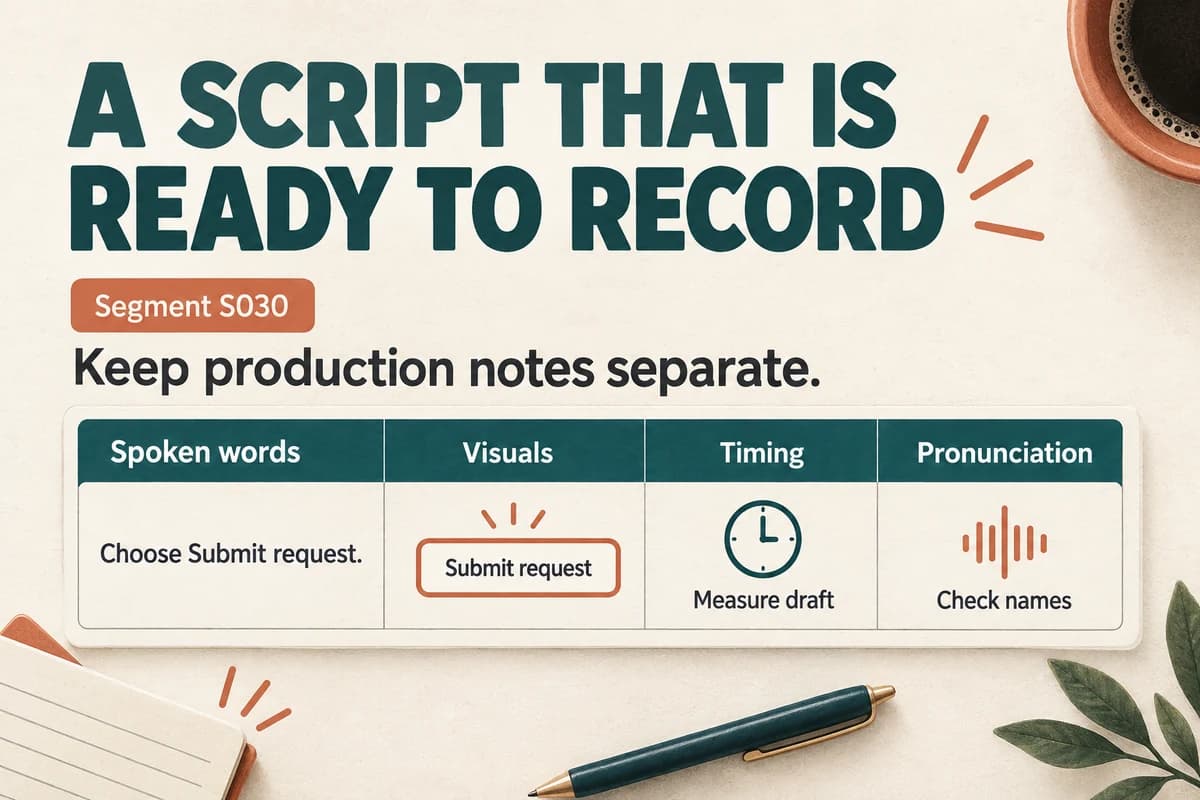 Voice-over script template separates spoken words, visuals, timing, and pronunciation notes.