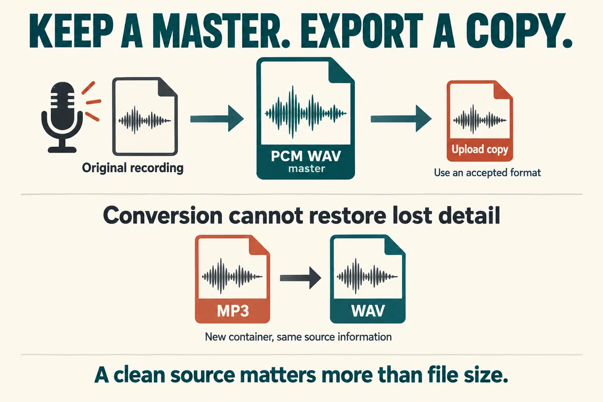 Audio file workflow from original recording to a PCM WAV master and upload copy, explaining that converting MP3 to WAV cannot restore lost detail.