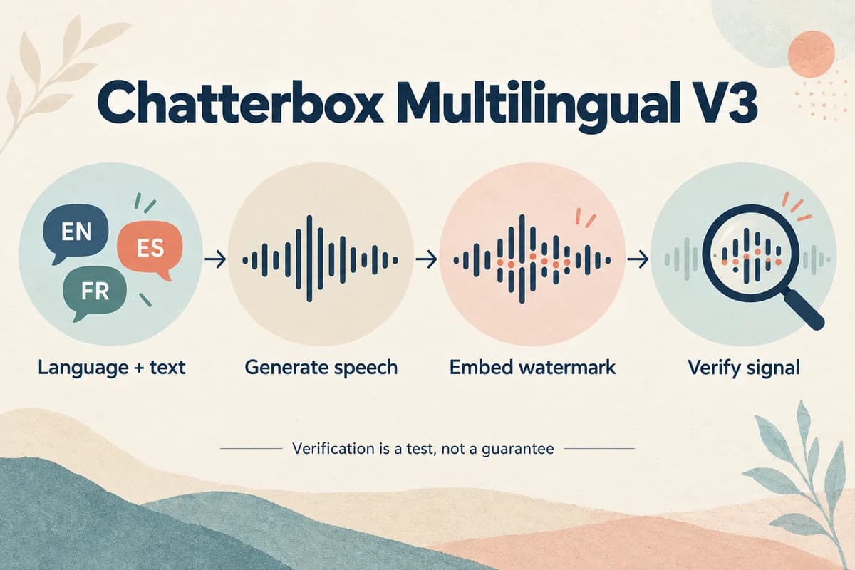Chatterbox multilingual diagram showing speech generation, watermark embedding, and a separate verification step.