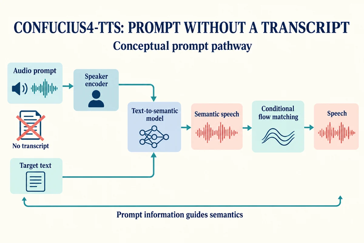 Confucius4-TTS conceptual pathway where an audio prompt without a transcript goes through a speaker encoder, and both its information and target text enter a text-to-semantic model before flow matching produces speech.