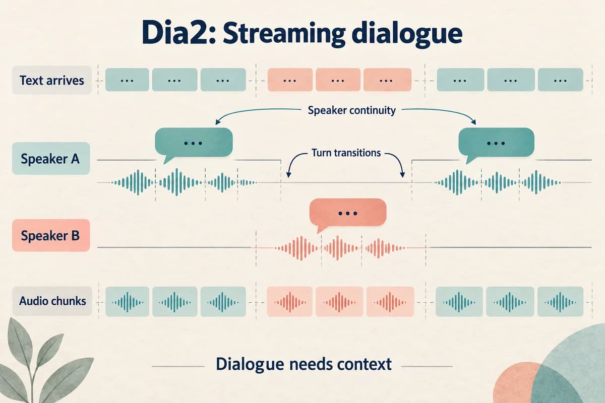 Dia2 diagram with two speakers taking turns as text arrives and audio is generated in incremental chunks.
