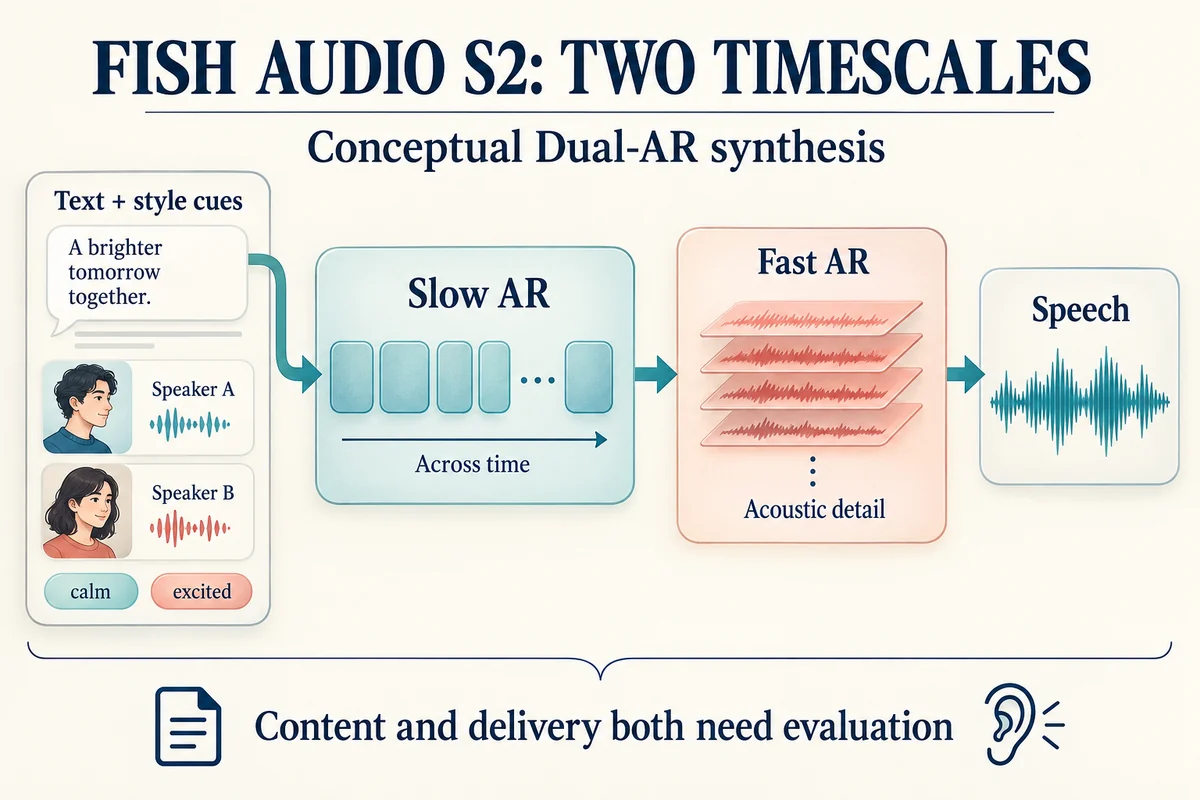 Fish Audio S2 diagram showing text and style cues flowing through slow temporal autoregression, fast acoustic autoregression, and generated speech.