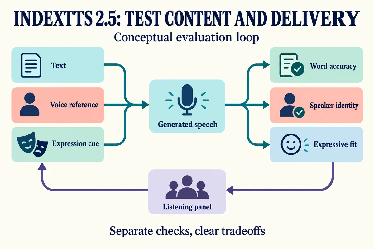 IndexTTS 2.5 conceptual evaluation loop showing text, a voice reference, and an expression cue producing speech that is checked separately for word accuracy, speaker identity, and expressive fit by a listening panel.