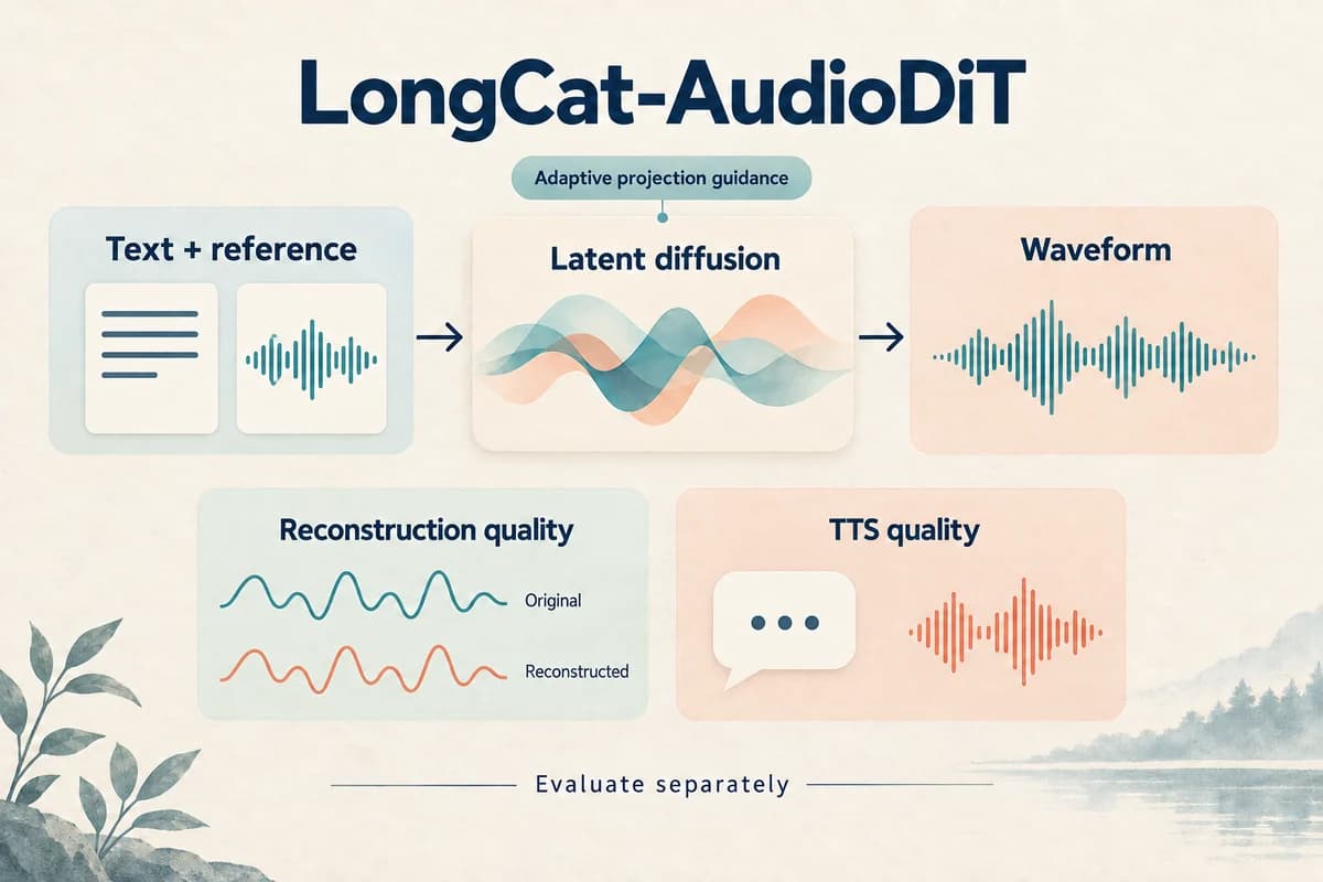LongCat-AudioDiT diagram showing waveform-latent diffusion and separate reconstruction and speech quality checks.