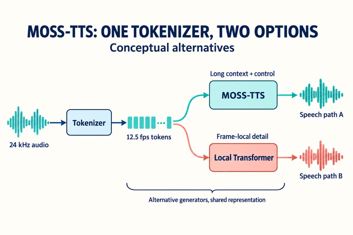 MOSS-TTS diagram showing 24 kHz audio compressed into 12.5 fps tokens and splitting into separate MOSS-TTS long-context and Local Transformer frame-local alternatives, each with its own speech path.