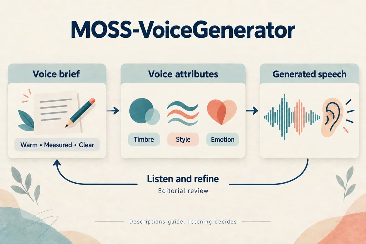 MOSS-VoiceGenerator voice-design diagram connecting a descriptive brief to timbre, style, and emotion and then generated speech for listening review.