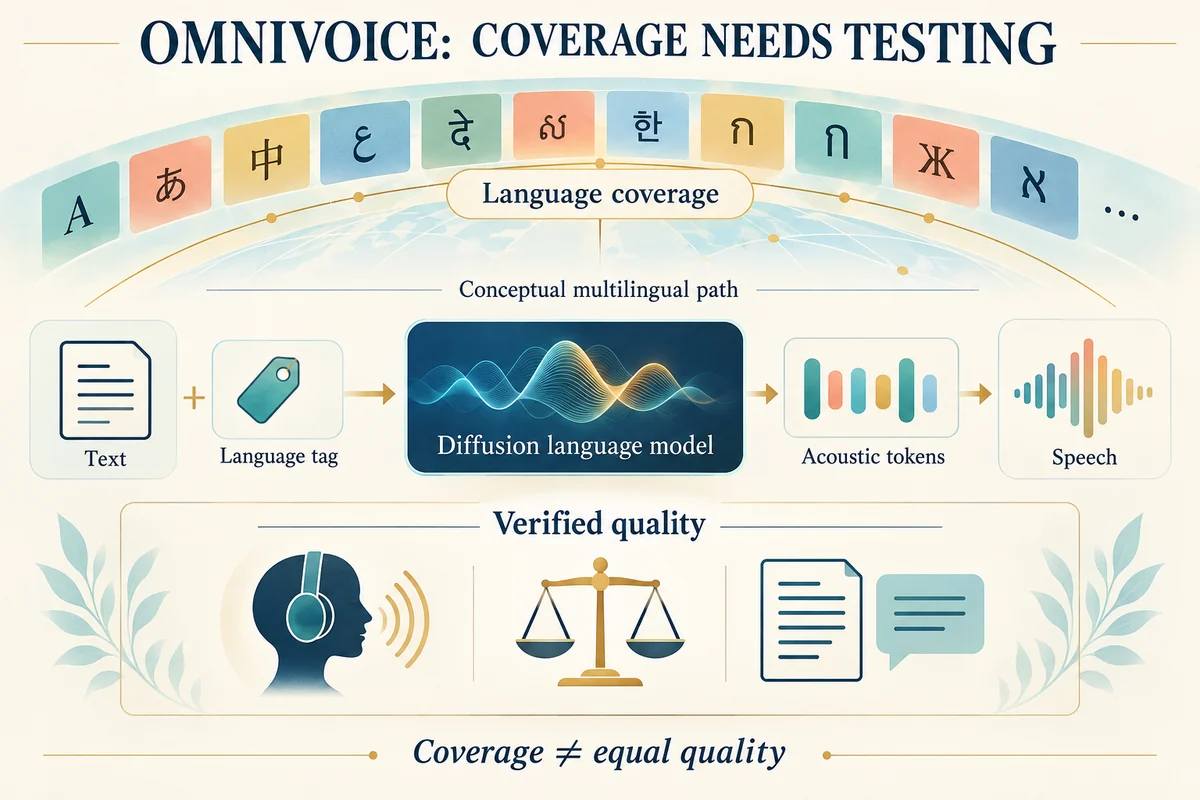 OmniVoice conceptual multilingual pipeline from text and a language tag through a diffusion language model and acoustic tokens to speech, paired with a reminder that language coverage needs separate quality evaluation.