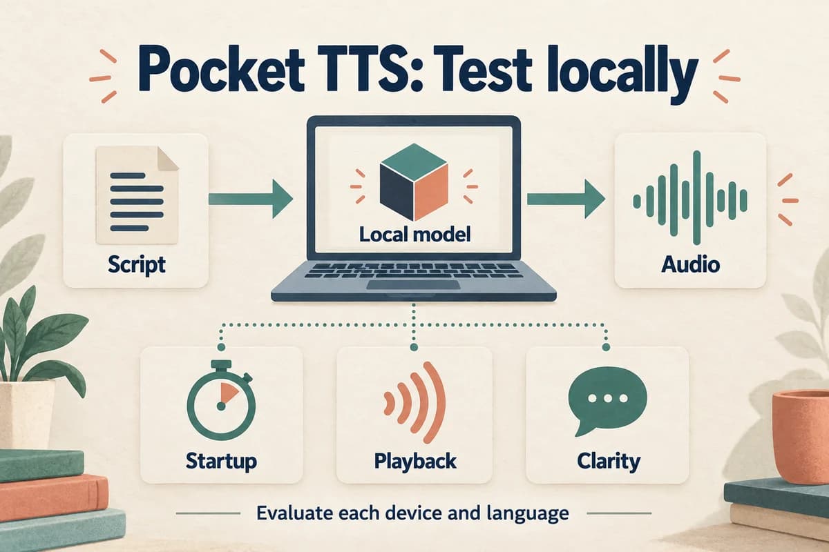 Pocket TTS local-evaluation diagram showing script, a compact model on a laptop, and audio with checks for startup, playback, and clarity.