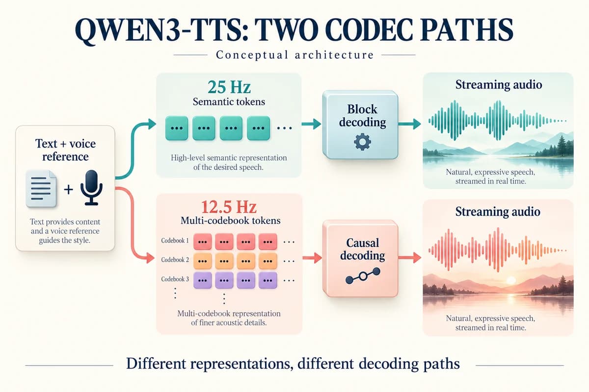 Qwen3-TTS diagram comparing 25 Hz semantic tokens with block decoding and 12.5 Hz multi-codebook tokens with causal streaming decoding.