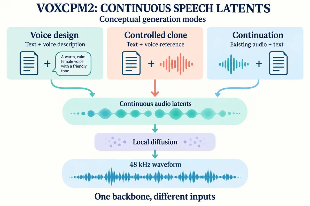 VoxCPM2 conceptual diagram where voice design, controlled cloning, and continuation are alternative inputs to continuous audio latents, local diffusion, and a 48 kHz waveform.