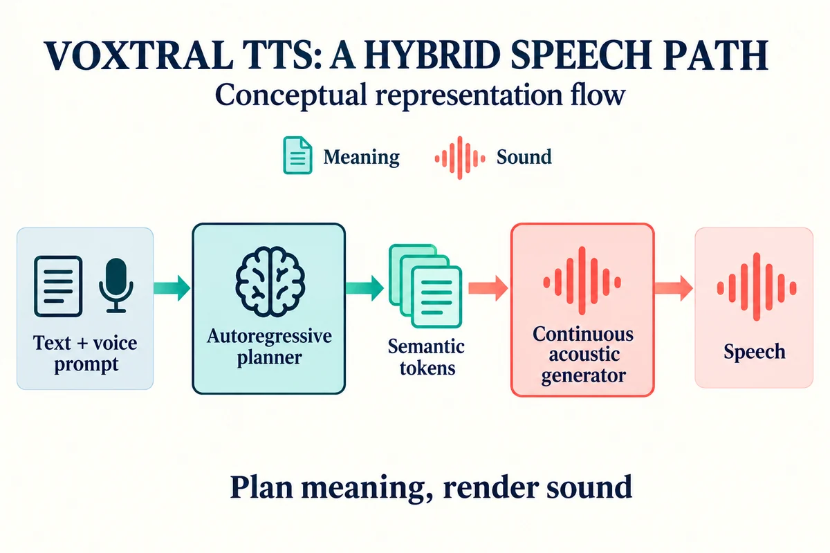 Voxtral TTS conceptual pipeline showing a text and voice prompt entering an autoregressive planner, producing semantic tokens, then a continuous acoustic generator and speech.