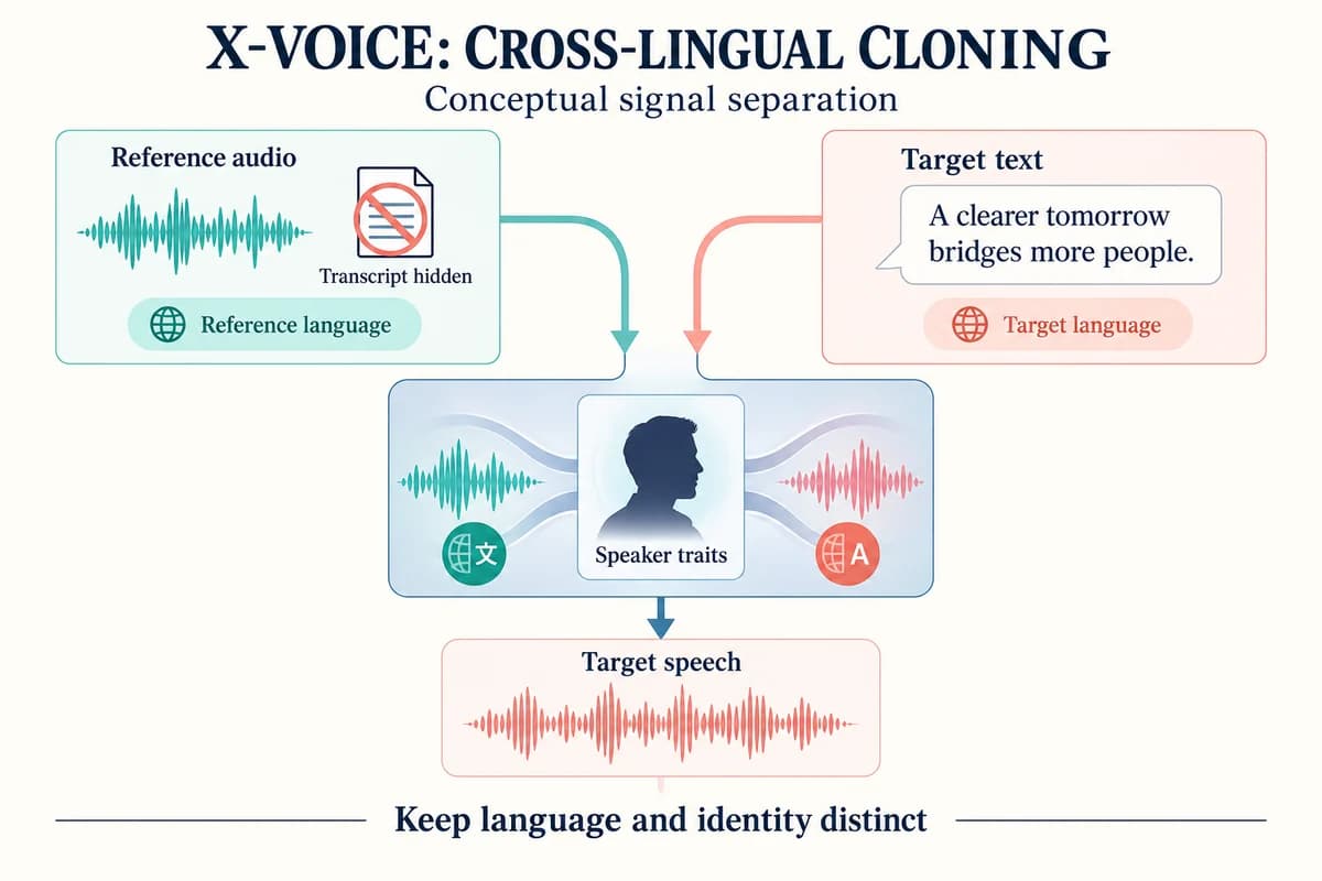 X-Voice conceptual diagram separating reference audio and its language from target text and target language so speaker traits can lead to target speech without a reference transcript.